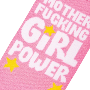 Close-up detail shot of the 'Mother Fucking Girl Power' text and yellow stars on the pink socks.