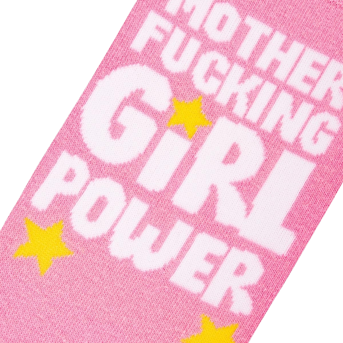 Close-up detail shot of the 'Mother Fucking Girl Power' text and yellow stars on the pink socks.