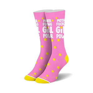 Pink crew socks with yellow stars and 'Mother Fucking Girl Power' in white lettering.