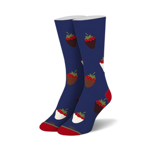 Pair of crew socks in navy blue with a pattern of chocolate-covered strawberries. Red strawberries dipped in milk and dark chocolate.