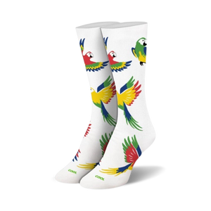 Pair of white crew socks with a colorful parrot design.  Red, yellow, green, and blue parrots are scattered across the socks.