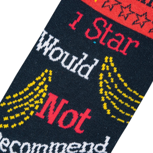 A black sock with red and white text that reads, 