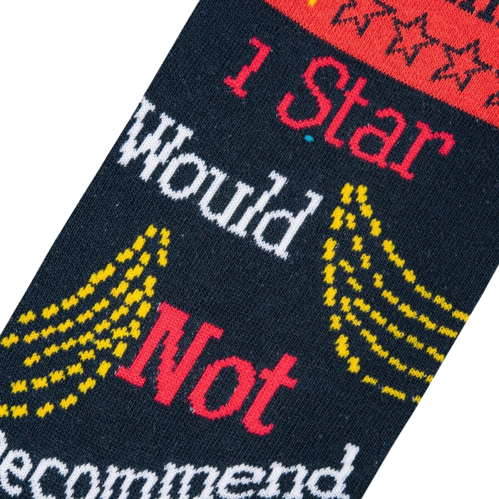 A black sock with red and white text that reads, 