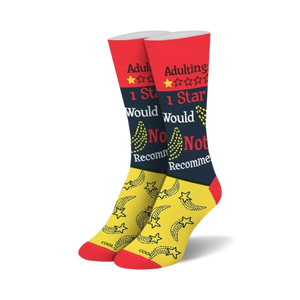 women's red and black crew socks with yellow stars and the text 