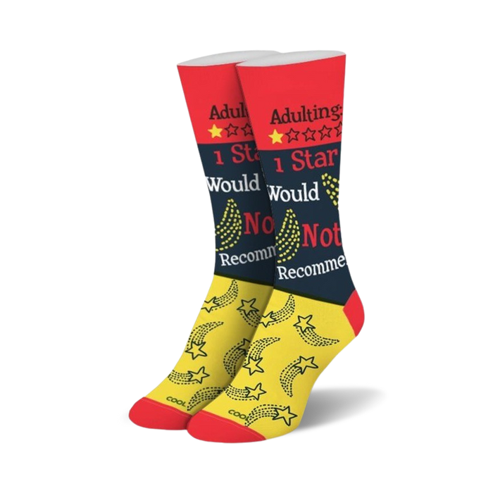 women's red and black crew socks with yellow stars and the text 