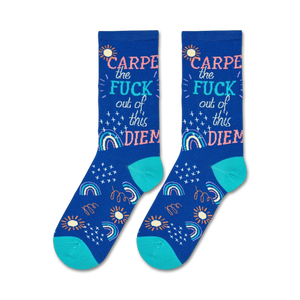 Flatlay showcasing a pair of Carpe Diem crew socks on a white background.