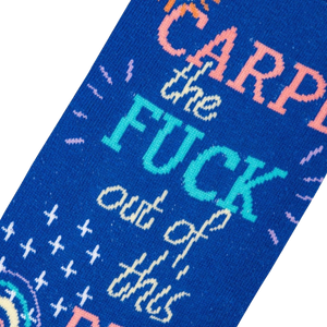 Close-up detail shot highlighting the colorful text and design elements on the socks.