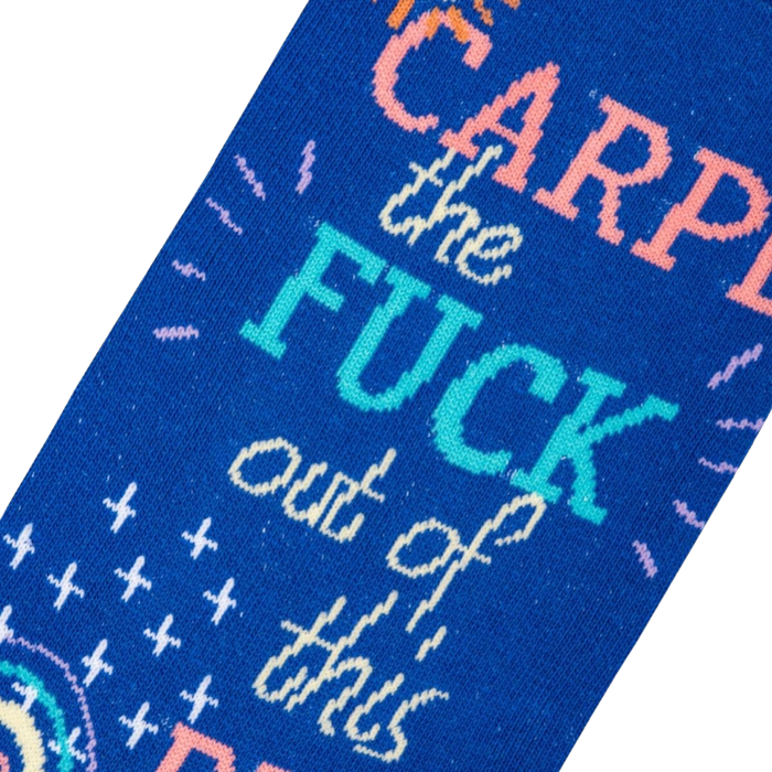 Close-up detail shot highlighting the colorful text and design elements on the socks.