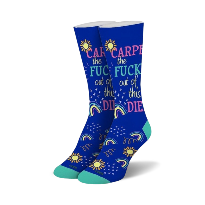 Pair of crew socks in blue featuring a 'Carpe the Fuck out of this Diem' slogan, rainbows, suns, and stars.