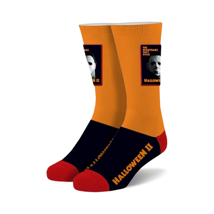 orange and black crew socks feature michael myers from halloween ii. unisex sizes.   }}