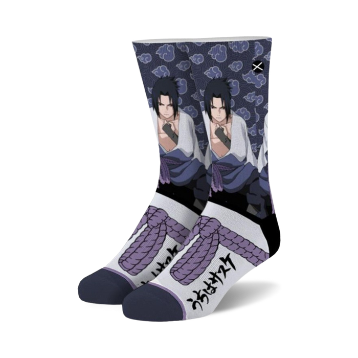 Pair of crew socks showcasing Sasuke Uchiha from Naruto.  The socks are white with purple accents, featuring Sasuke's image and his signature belt. }}