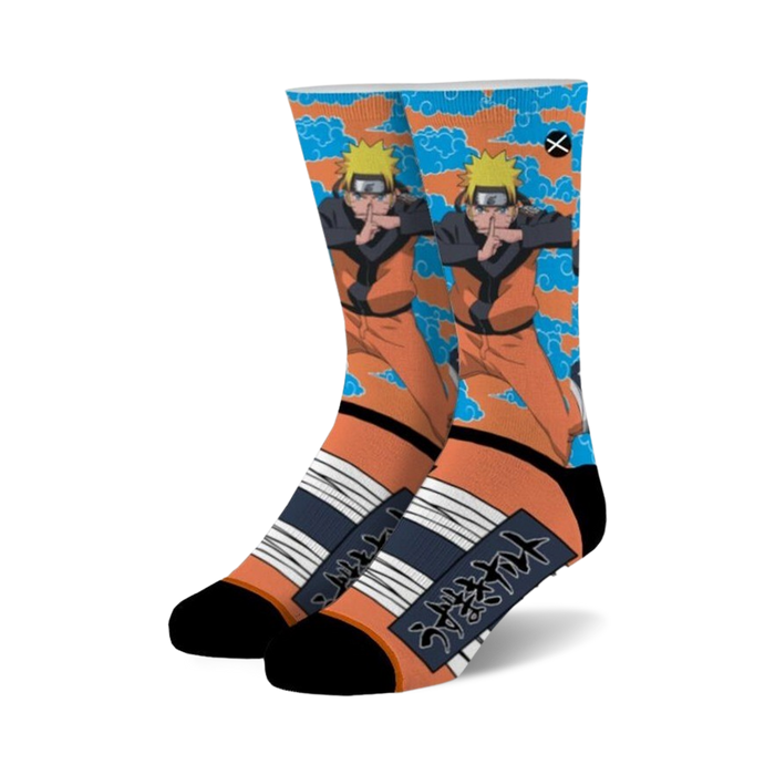 Crew socks featuring Naruto in orange and blue, performing hand seals against a cloud background. Black accents and Japanese characters are on the cuff. }}