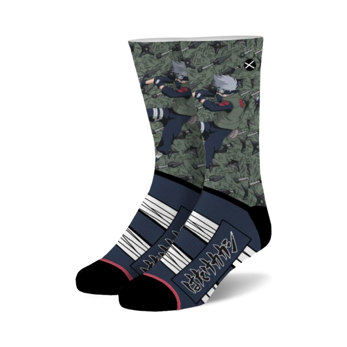 Crew socks in navy, grey, and white, featuring Kakashi Hatake from Naruto amidst a pattern of kunais and Japanese text. }}