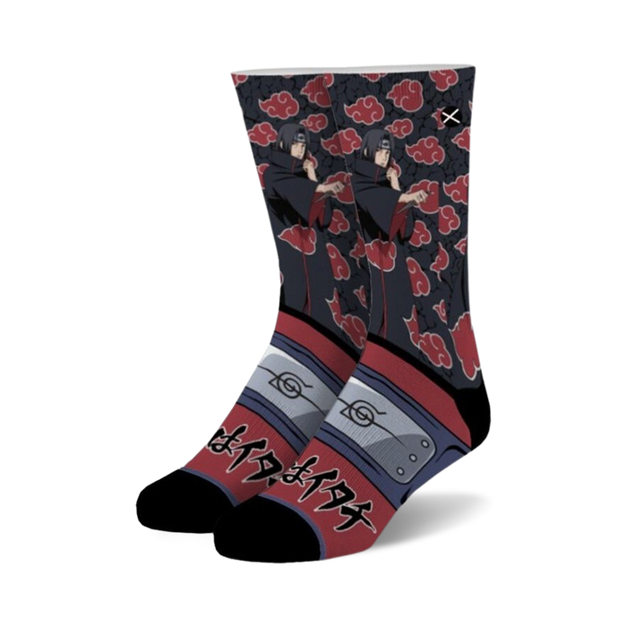 Crew socks featuring Itachi Uchiha from Naruto, red clouds, and the Akatsuki symbol. Black, red, and dark blue colors. }}