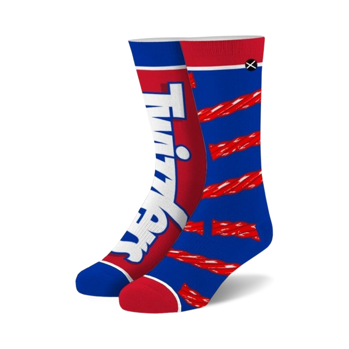 crew length unisex twizzlers split socks feature a white licorice pattern on bright red and blue fabric.     }}