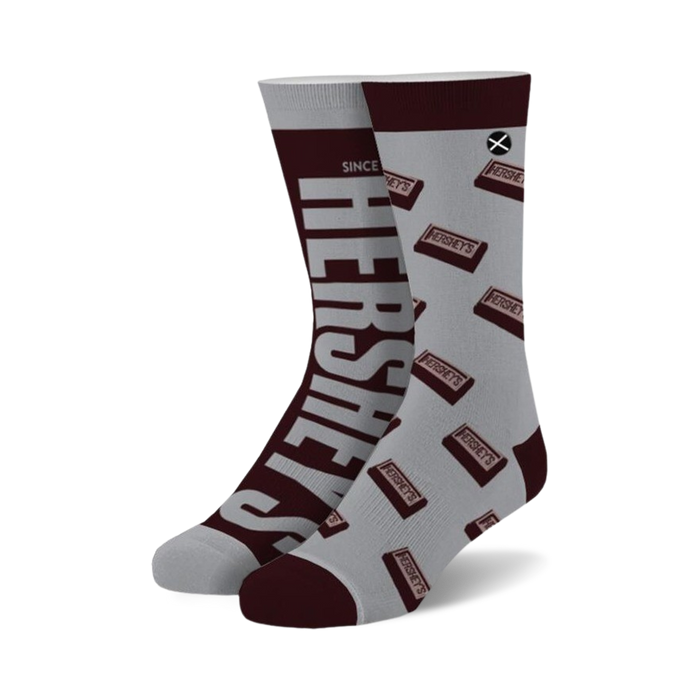 gray crew socks with hershey's chocolate bar pattern, brown toes, heels, and cuffs. for men and women.    }}