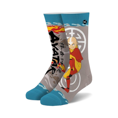 Crew socks in gray, blue, red, and orange, featuring Aang from Avatar: The Last Airbender, flames, water designs, and Asian script.