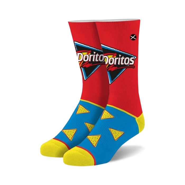 Pair of crew socks; red, blue, and yellow. Doritos logo and chip shapes decorate the socks. }}