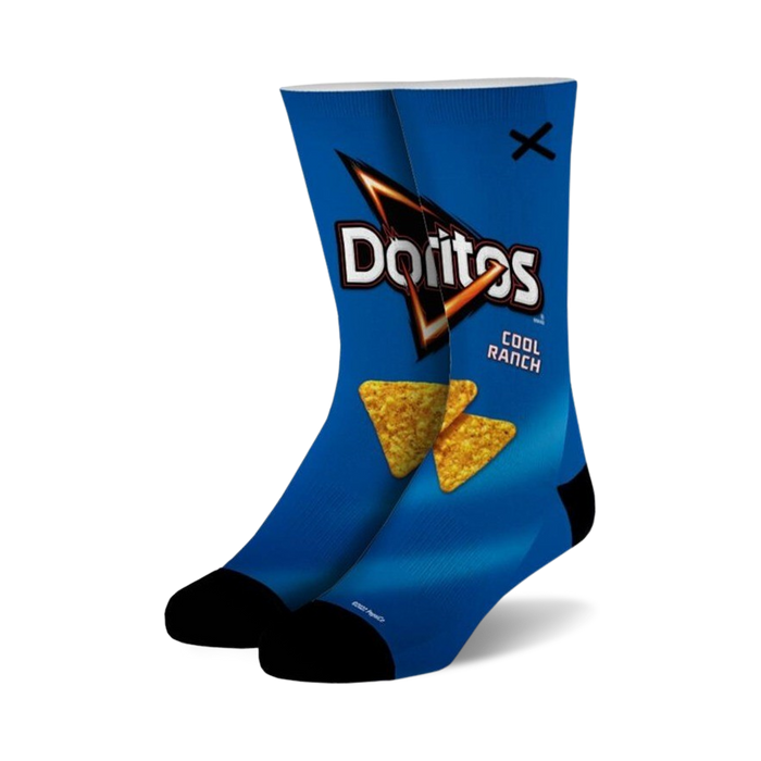 Pair of crew socks with a vibrant blue Cool Ranch Doritos bag design.  Yellow and orange tortilla chips are featured prominently. }}