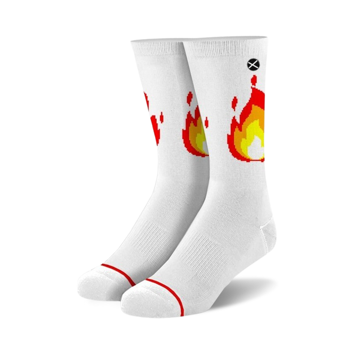 white crew socks with pixelated red, orange, and yellow flames for men and women.   }}