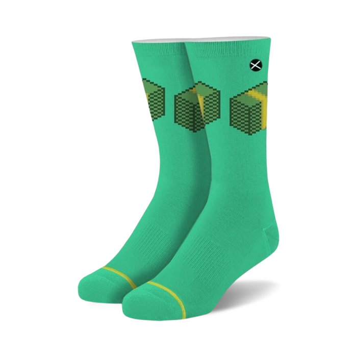 pixel money stacks crew socks in green feature 8bit yellow money stack pattern with black outline. unisex novelty socks for men and women.    }}
