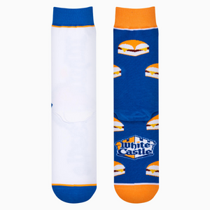 Close-up showcasing the inside and back of the White Castle socks. Shows the inside of the socks and detail of the heel.