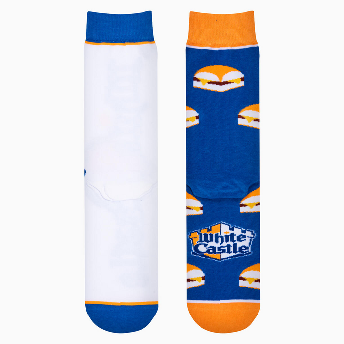 Close-up showcasing the inside and back of the White Castle socks. Shows the inside of the socks and detail of the heel.