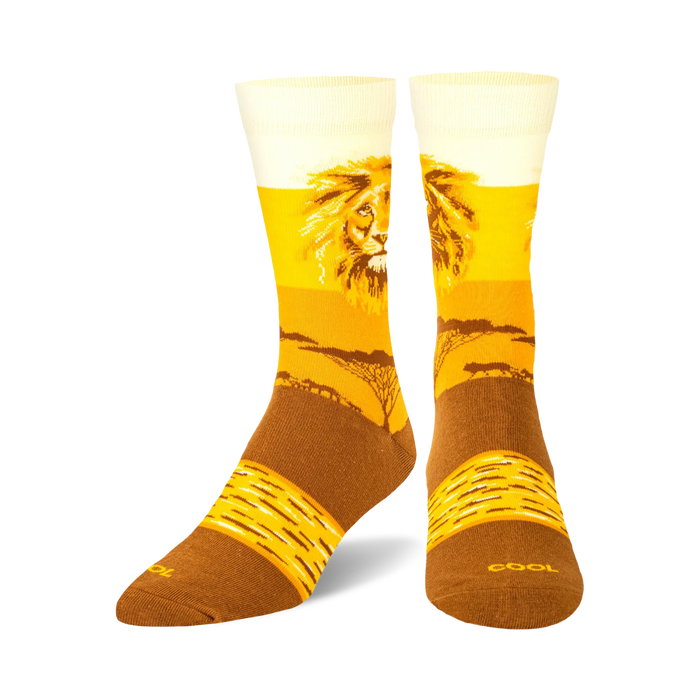 Lifestyle shot of Lion Safari socks on a model's feet.
