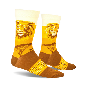 Flat lay product shot showcasing the Lion Safari socks' design.