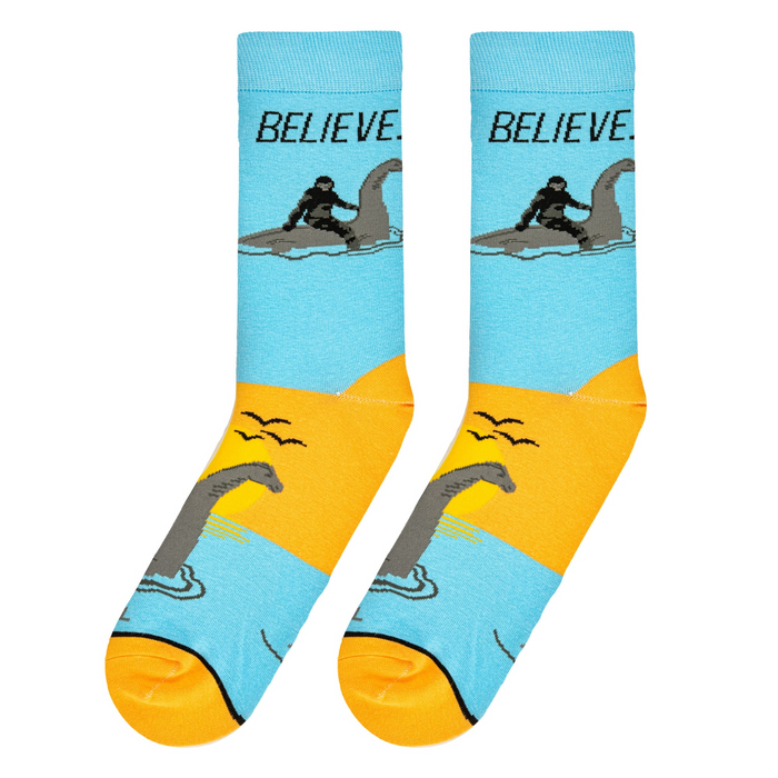 Close-up studio shot of a pair of 'Believe' socks showcasing the design details and colors more clearly.