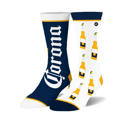 Crew socks in navy and white, featuring a Corona logo on one sock and a repeated pattern of Corona beer bottles with limes on the other.