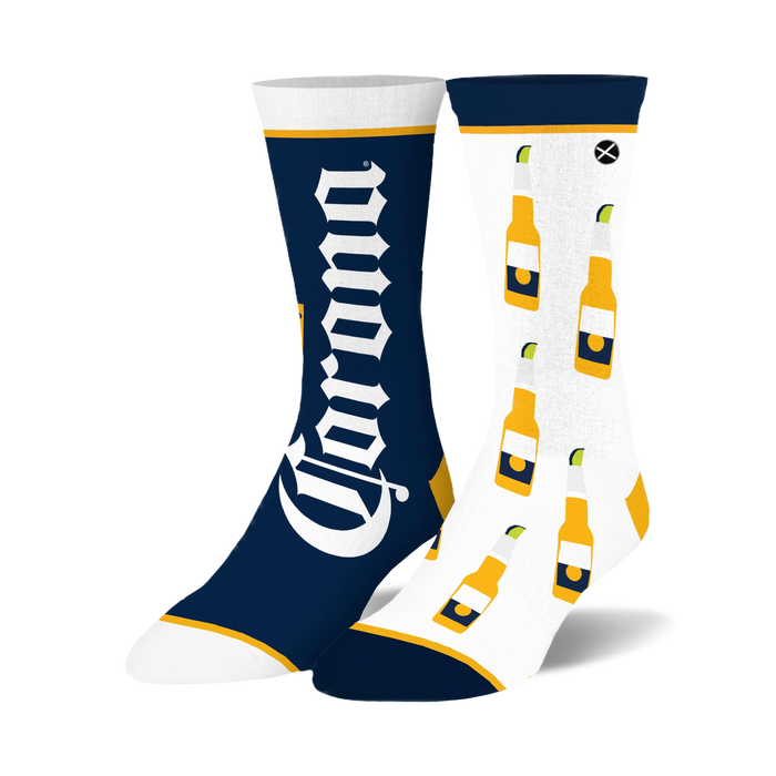 Crew socks in navy and white, featuring a Corona logo on one sock and a repeated pattern of Corona beer bottles with limes on the other.