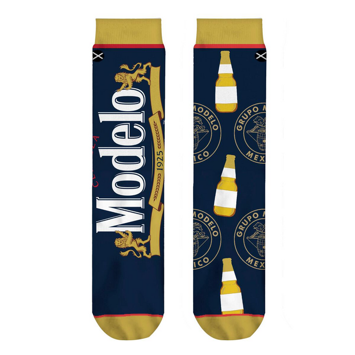 Close-up shot of Modelo Split socks, highlighting the detailed Modelo logo and bottle design.