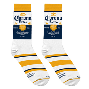 Close-up of Corona Extra socks showcasing the label detail and stripes.
