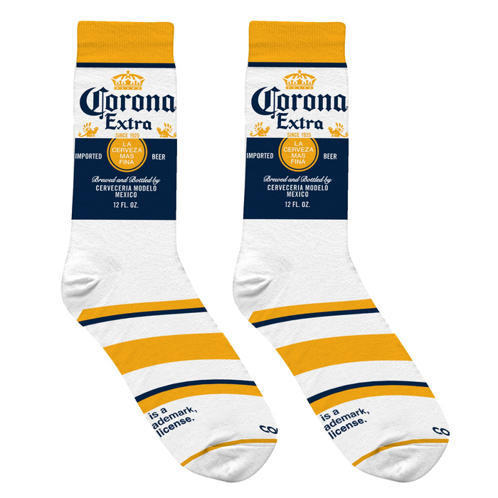 Close-up of Corona Extra socks showcasing the label detail and stripes.