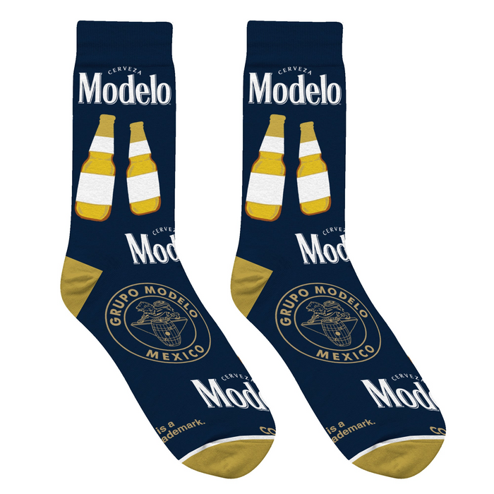 Lifestyle shot showing the Modelo socks on a person's feet, showcasing the full design.