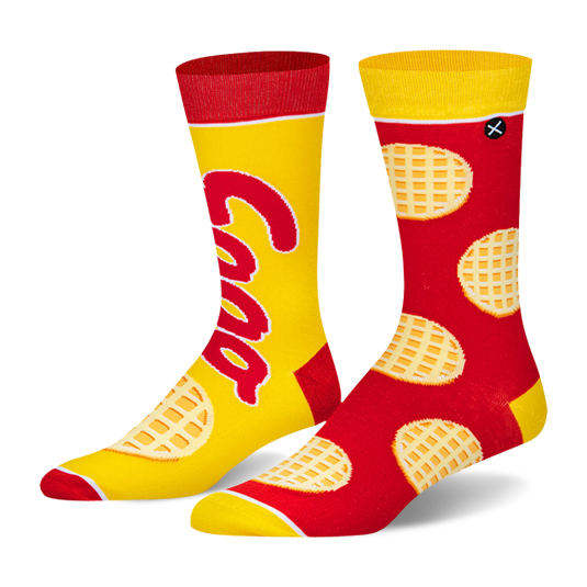 Mismatched crew socks. One is yellow with a red Eggo logo and red accents. The other is red with a yellow waffle pattern.