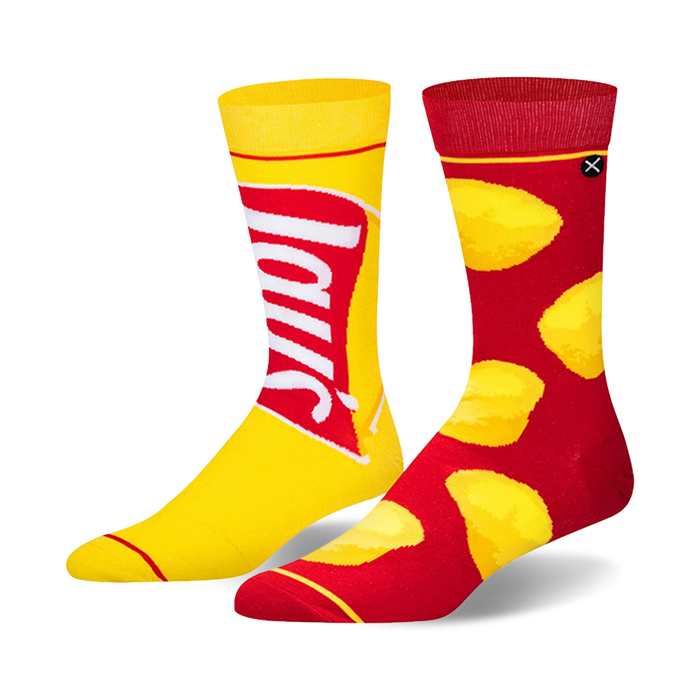 Pair of crew socks. One yellow sock displays the Lay's potato chip bag logo. The other red sock is adorned with yellow potato chip designs. }}