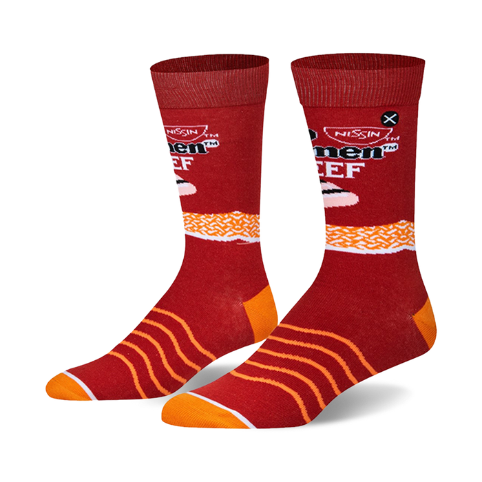 A pair of crew socks in red and orange. The socks feature a Top Ramen Beef design with noodle details and the brand logo. }}