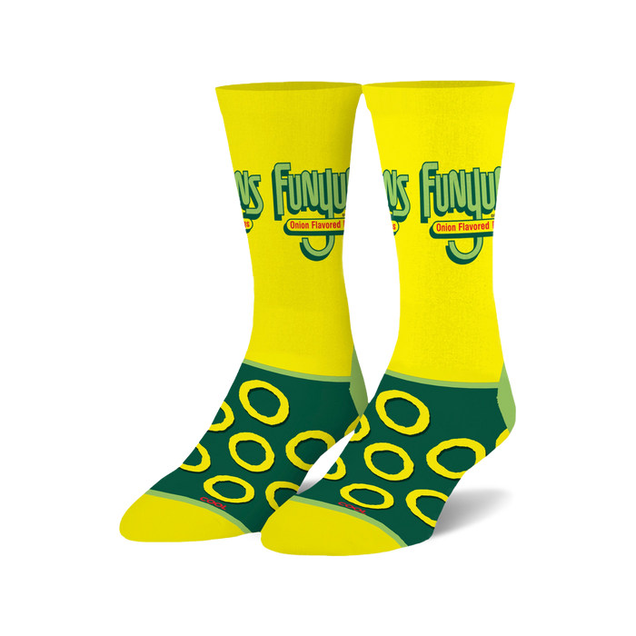 Pair of Funyuns crew socks in yellow and green. The socks feature the Funyuns logo and repeating onion ring design. }}