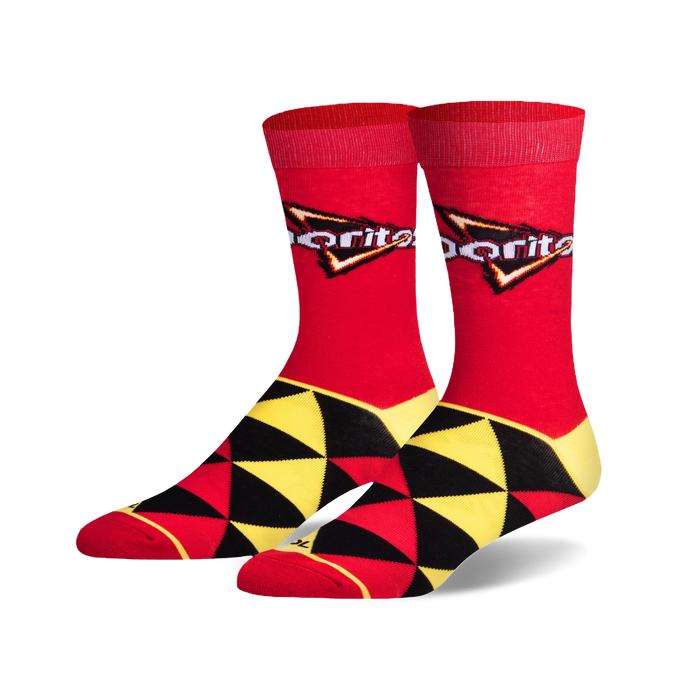 Pair of crew socks in red, black, and yellow. Features a geometric pattern and the Doritos logo. }}