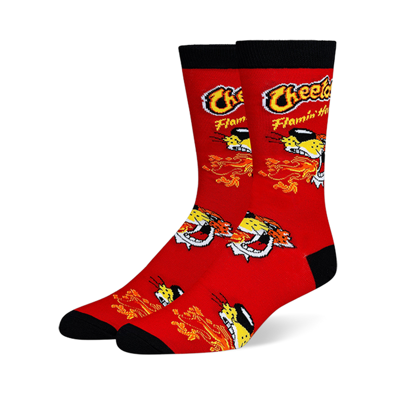 Red crew socks with black cuffs, heels, and toes. Features the Cheetos Flamin' Hot logo and Chester Cheetah breathing fire.