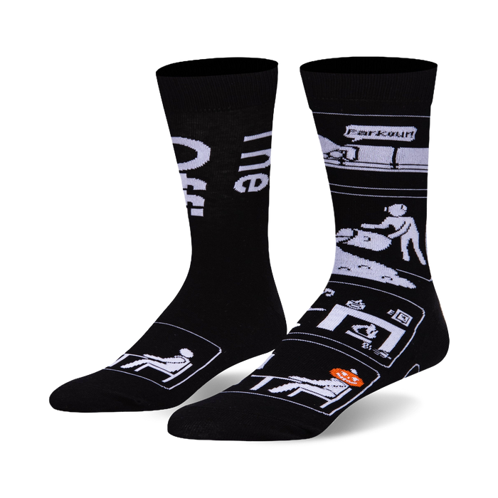Black crew socks with a white design depicting funny office scenes, including 'parkour' and a person with a pumpkin on their head. }}