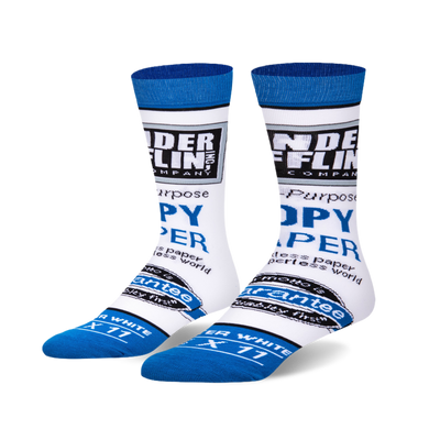Pair of white crew socks with blue Dunder Mifflin Paper Co. logo and text.  Features the company slogan and paper product details.