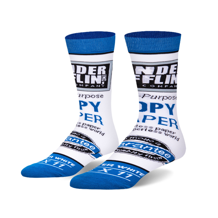White crew socks with blue accents, featuring the Dunder Mifflin Paper Co. logo and 'COPY PAPER' text design. }}