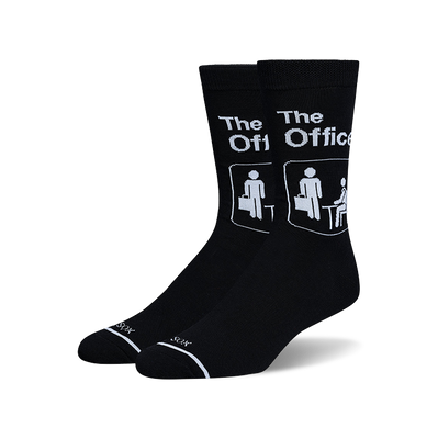Pair of black crew socks with The Office logo and iconic office worker pictogram.