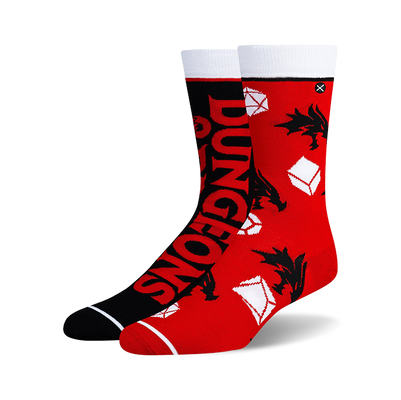 Pair of Dungeons & Dragons crew socks. One black sock features the logo, the other is red with dragons and dice.