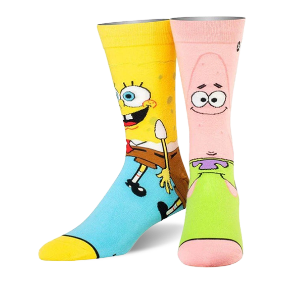 Pair of mismatched crew socks. Left sock is yellow with Spongebob's face and body. Right sock is pink with Patrick's face. }}