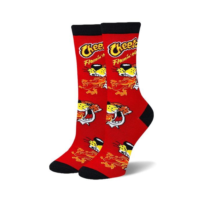 Pair of red crew socks with a Cheetos Flamin' Hot design. The socks feature the cheetah character and flames against a red background. }}