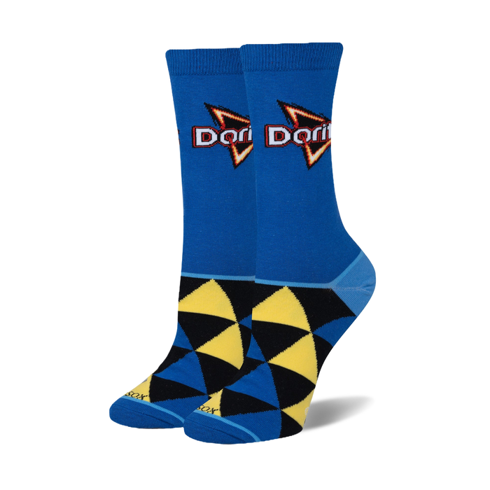 Pair of crew socks in blue, yellow, and black. Features a geometric pattern and the Doritos Cool Ranch logo. }}